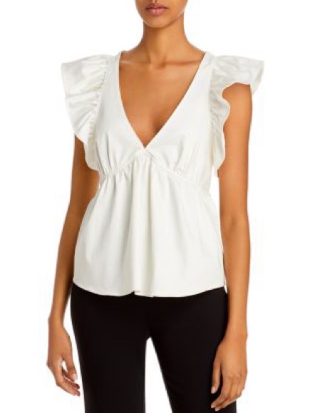 Cinq A Sept White Ruffle Sleeve V-Neck Blouse